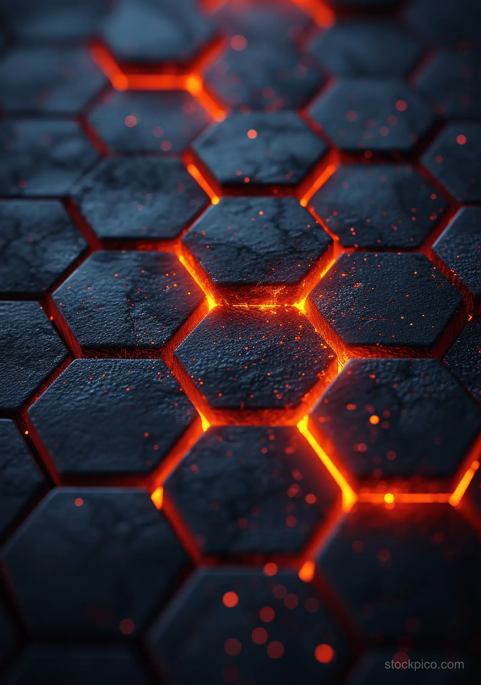 Dark textured background with glowing red and gold hexagons and scattered metallic sparks.