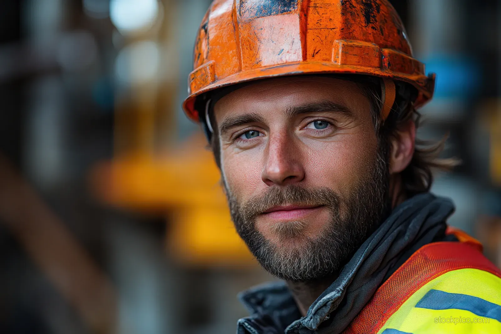 Female engineer portrait wearing a safety helmet and high-visibility vest in a shipyard with blurred construction equipment.