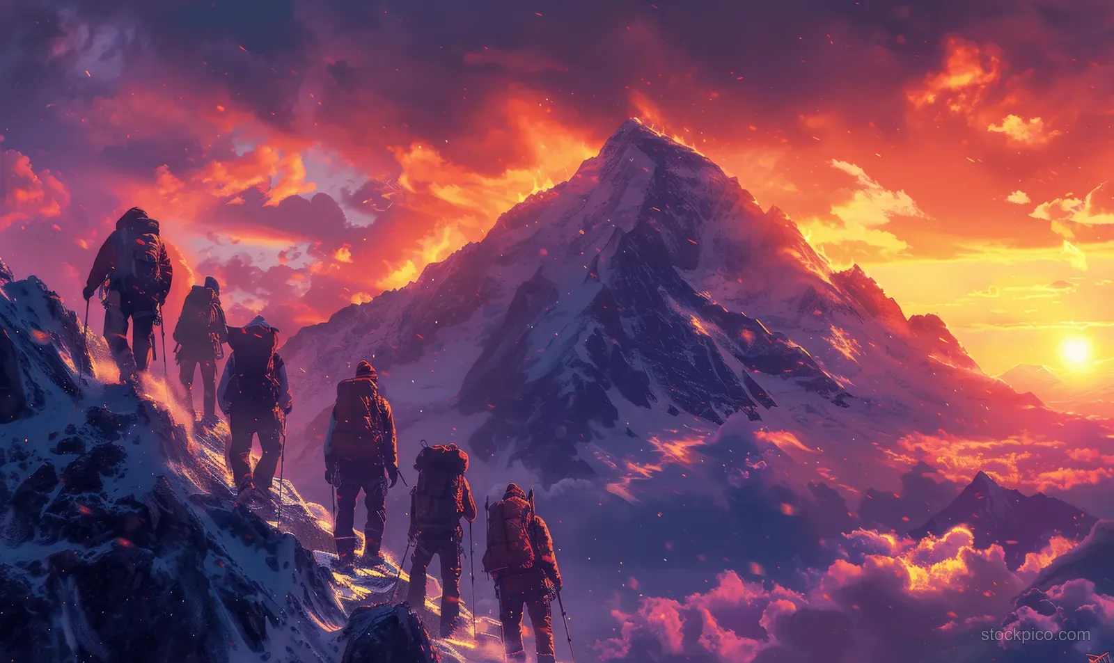 Hikers climb a rocky mountain ridge at sunset, with one person helping another in silhouette.
