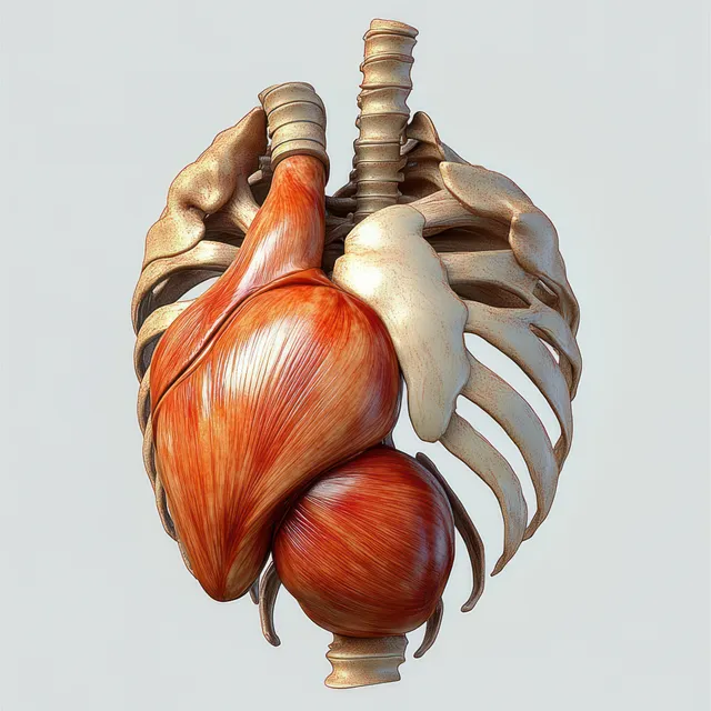 Red heart muscle model sits inside a surrounding ribcage with visible bones in a studio-like setting.