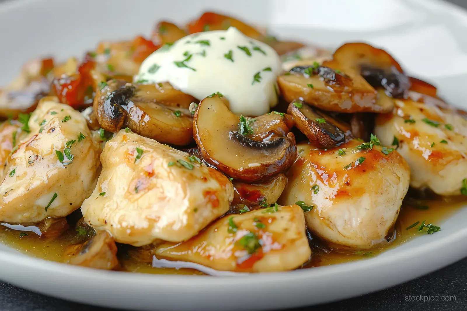 Sautéed chicken with mushrooms in creamy sauce, garnished with chopped herbs on a white plate.