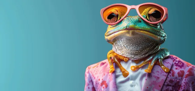 An anthropomorphic frog in a pastel suit and pink sunglasses poses against a blue studio background.
