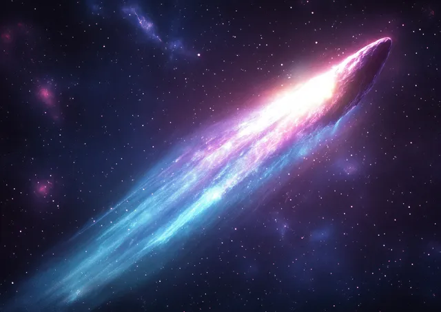 A blue and purple glowing comet streaking through a star-filled space, trailing a bright energy tail.