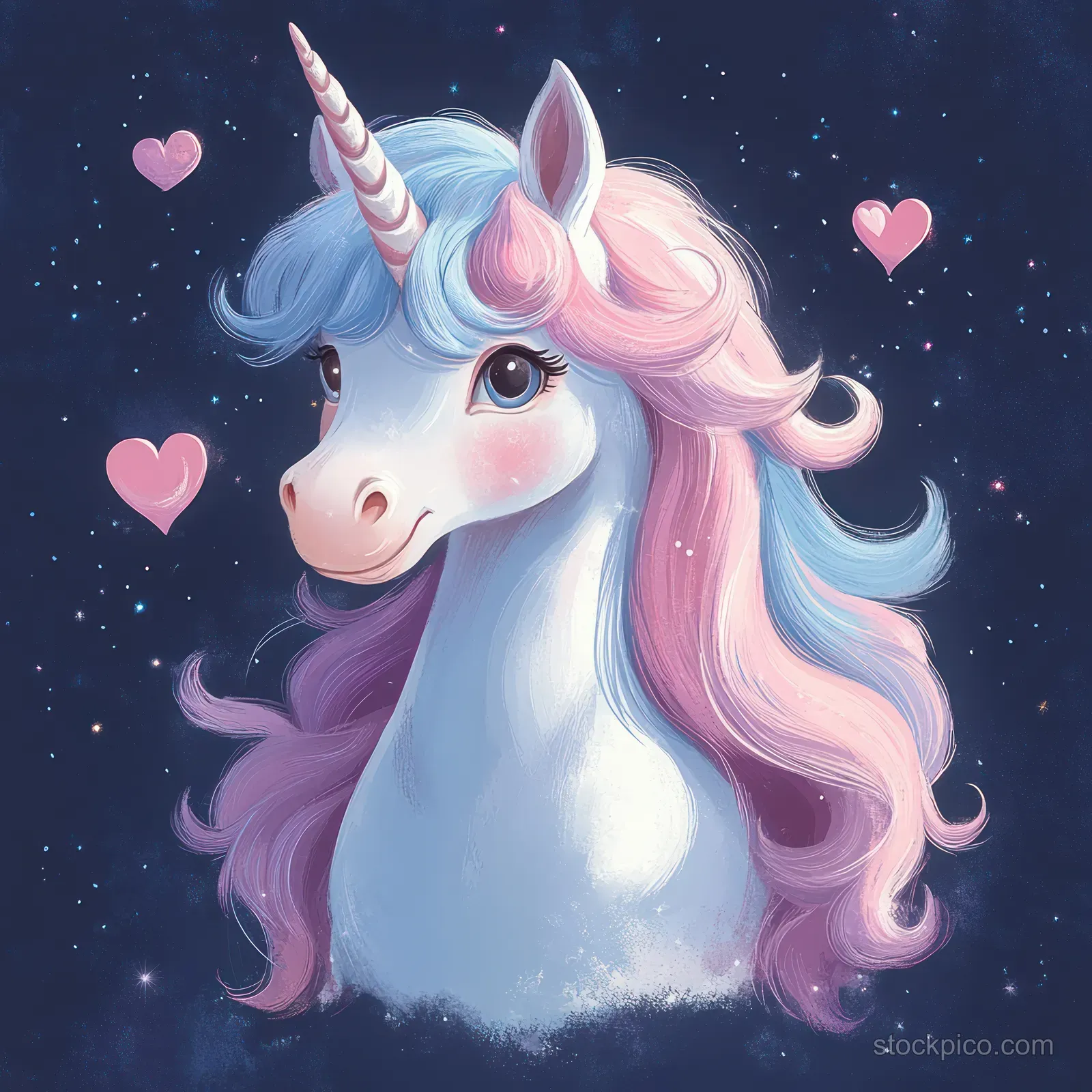 A unicorn with pastel pink and blue mane stands in front of a starry night with floating pink hearts.