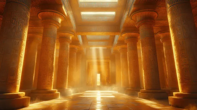 Ancient Egyptian temple corridor with towering columns and golden sunbeams illuminating hieroglyph murals.