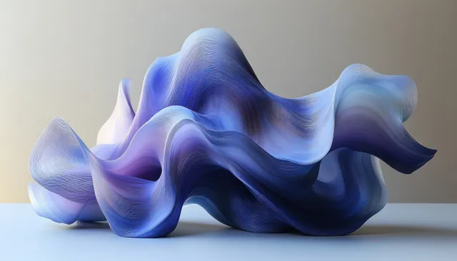 Blue and purple fluid abstract sculpture with wavy ridges lying on a minimal studio surface.