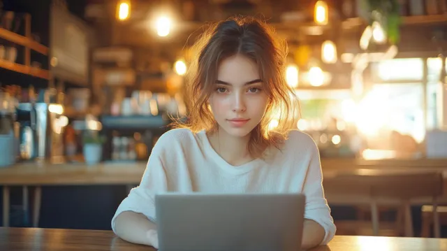 Focused young woman working on laptop in cozy coffee shop, warm backlit bokeh