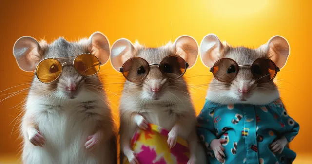 Three anthropomorphic mice wearing sunglasses and colorful outfits pose in front of a bright orange background.