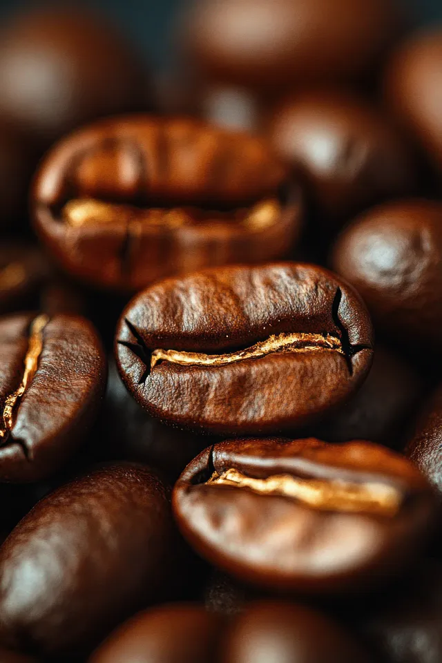 Macro close-up of roasted coffee beans with glossy cracked surface and warm brown tones