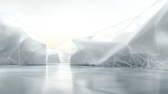 Translucent geometric wireframe mountains reflect on a smooth surface under a softly glowing sky.