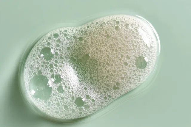 White cleansing foam mousse with bubbles collected inside a shallow dish on a mint background.