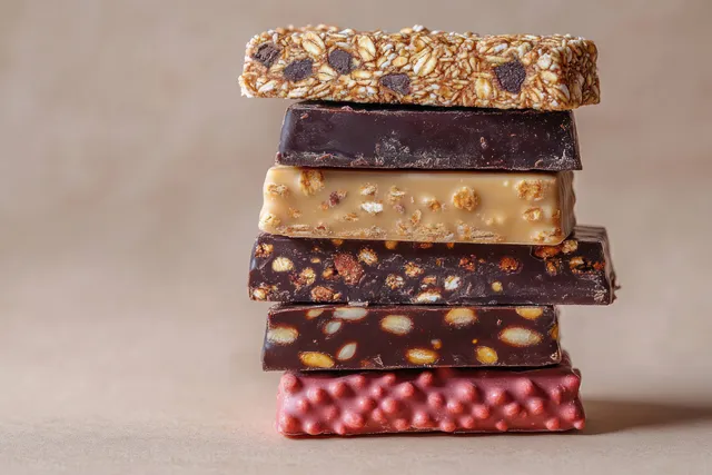 Stack of granola and chocolate protein bars on beige background