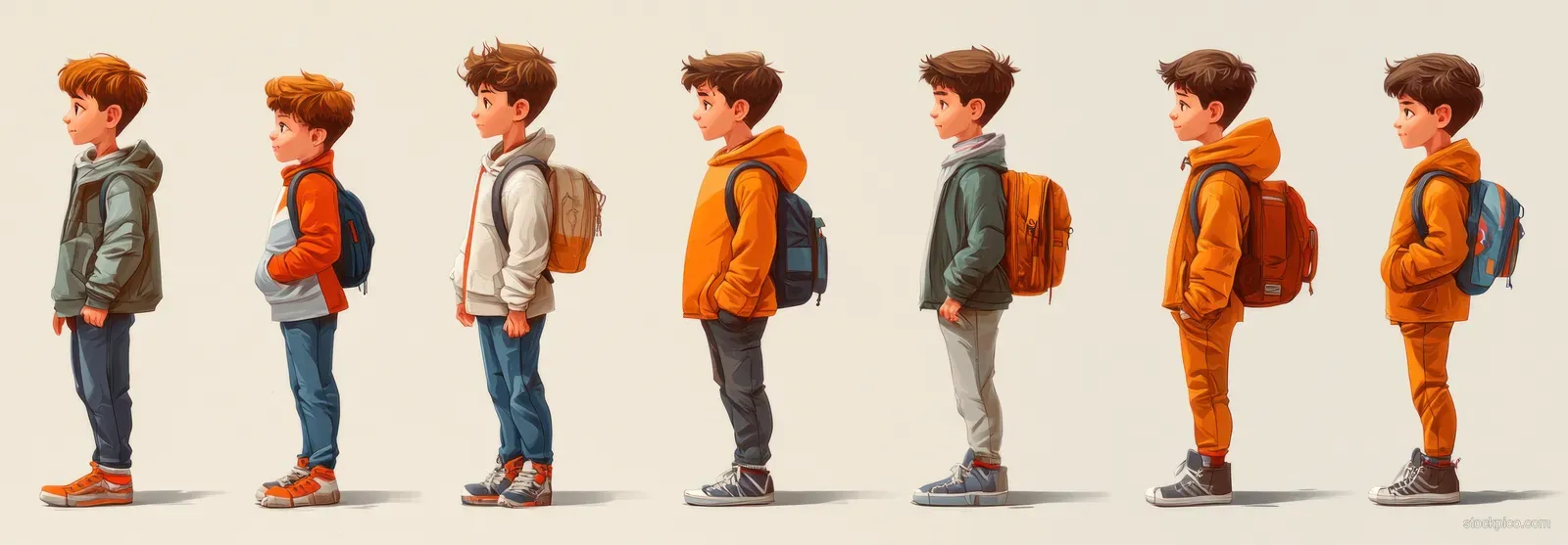 A row of side-view cartoon figures shows a girl progressing from infant to adult with changing proportions and clothing.