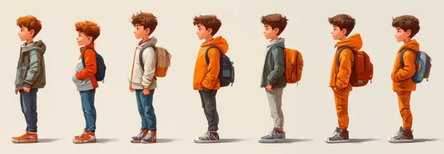 Cartoon girl’s side-view age progression from infant to adult with changing proportions