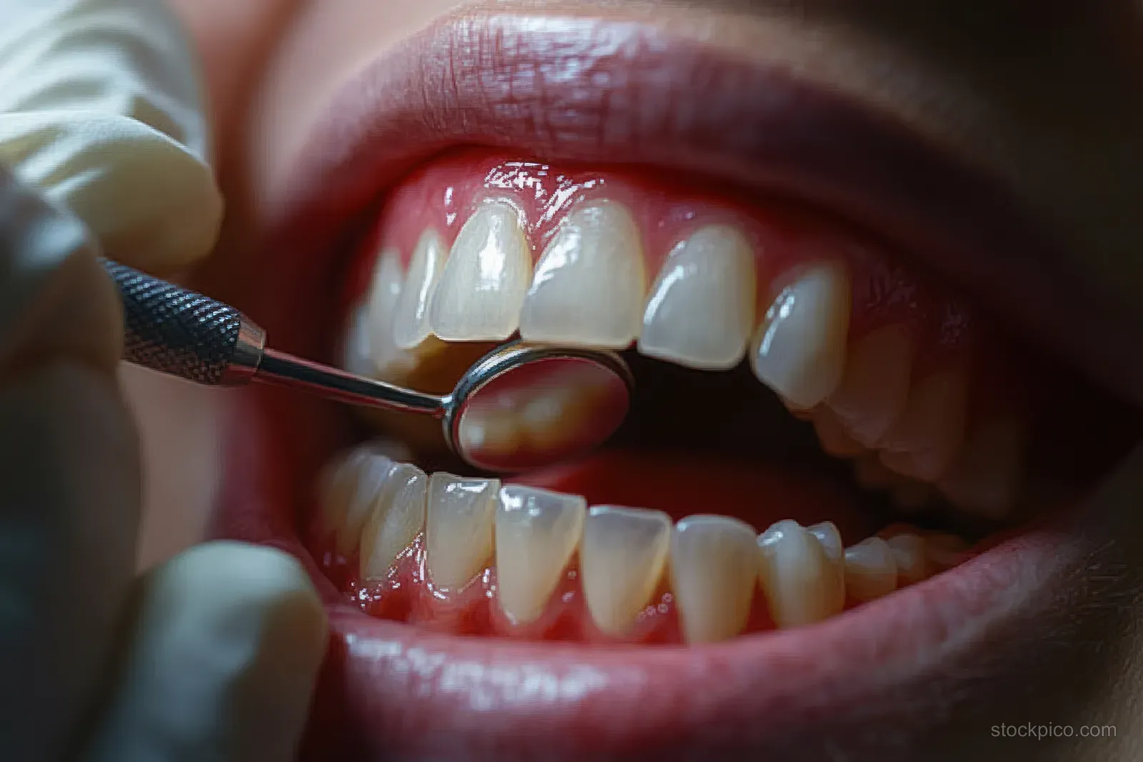 Dentist mirror reflects gums while a patient’s open mouth shows upper and lower teeth during an oral exam.