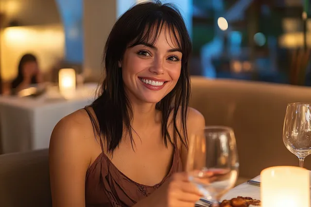 A smiling woman holds a smartphone while enjoying dinner in an elegantly set restaurant with soft evening lighting.