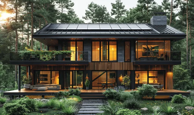 A modern forest home exterior with rooftop solar panels and an air-source heat pump unit by the windows.