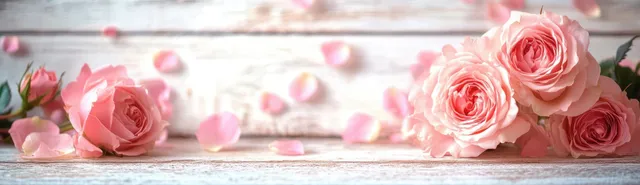 Pink roses and scattered petals on pale wooden boards with soft daylight glow