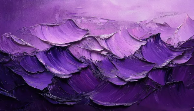 Abstract impasto artwork layers purple wave and mountain shapes with thick, textured brushstrokes.