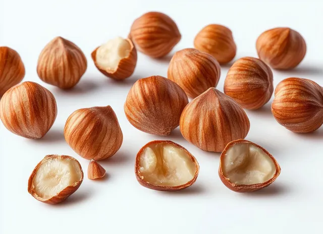 Whole and halved hazelnuts scattered on a white surface, showing textured brown shells and creamy kernels.