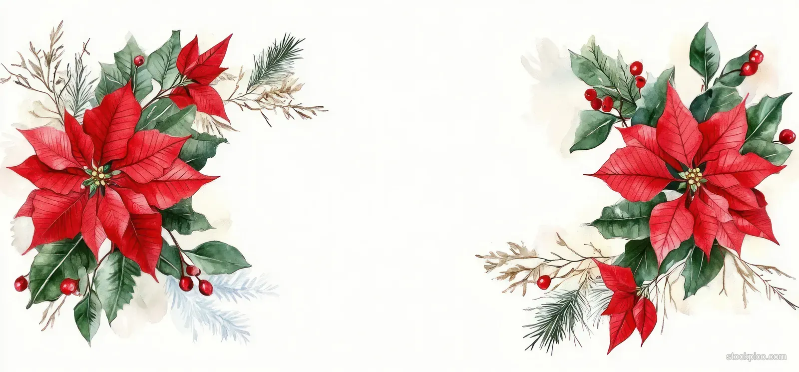 Watercolor poinsettia clusters with greenery framing a white background.