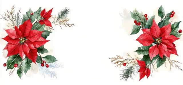 Watercolor poinsettia floral border with greenery on white winter background