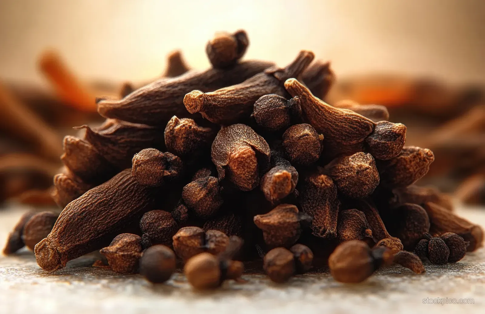 A close-up pile of dried brown clove buds on a surface with a warm blurred background.
