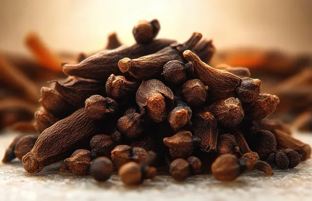 A close-up pile of dried brown clove buds on a surface with a warm blurred background.