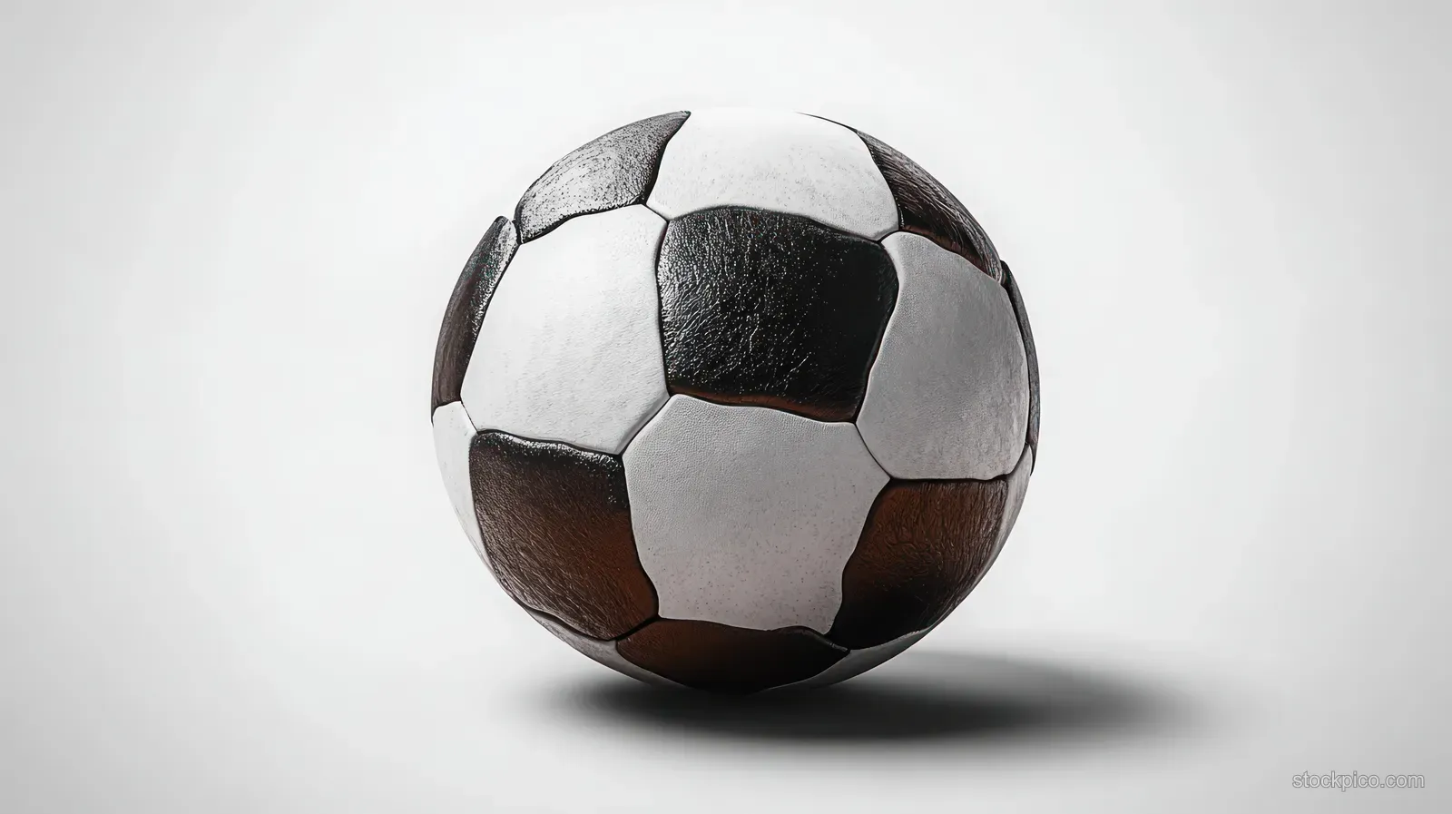 Classic black and white soccer ball shown in close-up on a plain light background with a soft shadow.