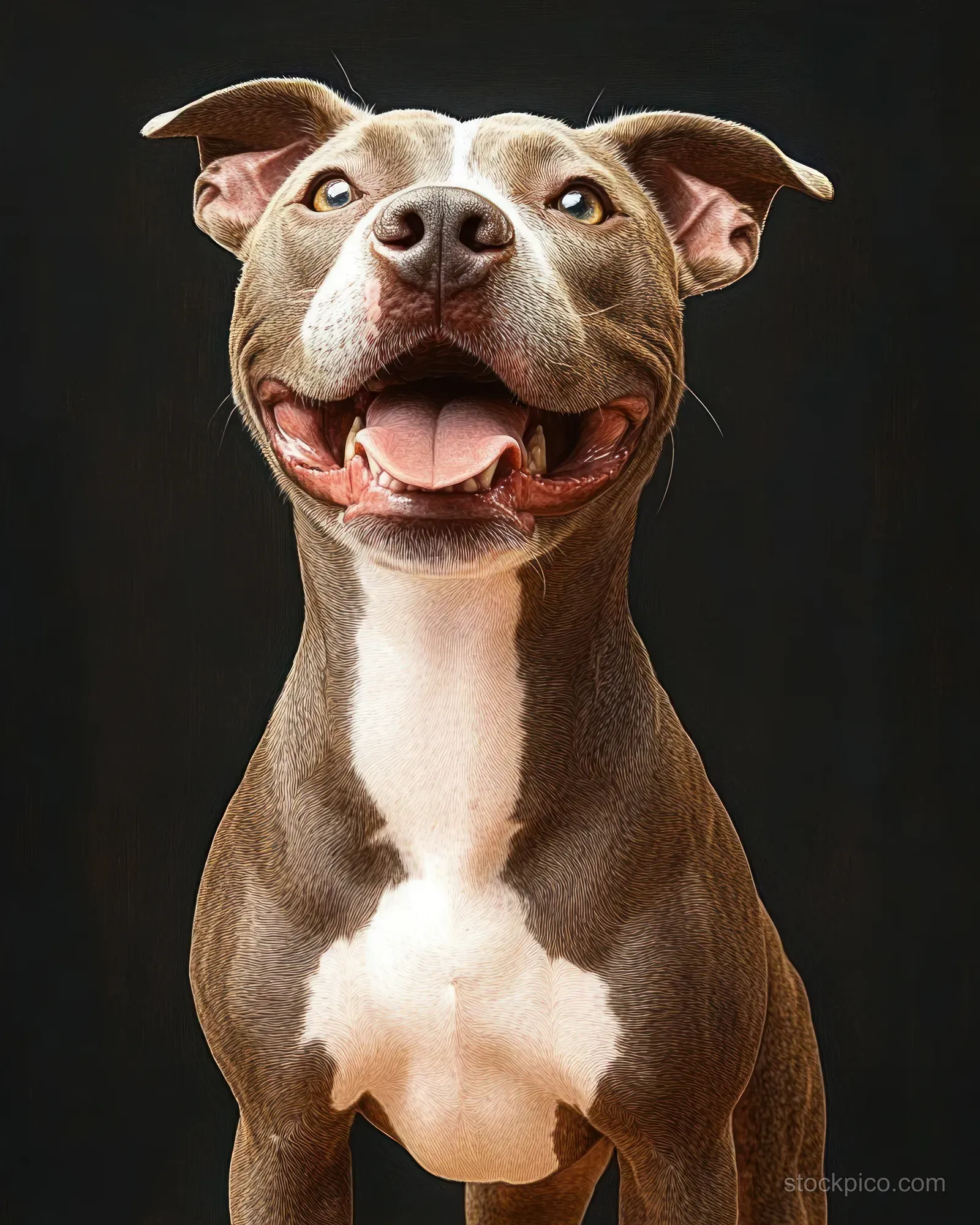 An excited pit bull dog with tongue out and open mouth looks upward against a dark studio background.
