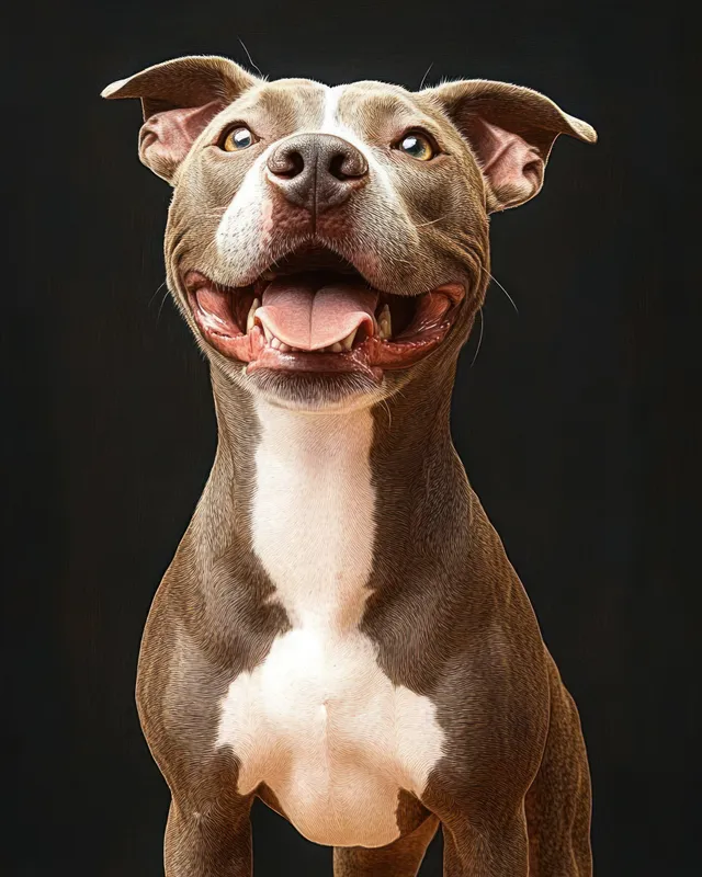 An excited pit bull dog with tongue out and open mouth looks upward against a dark studio background.
