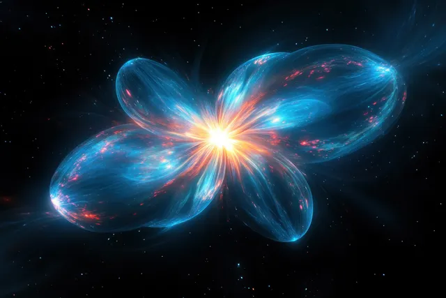 A bright central flare radiates swirling blue plasma petals across a dark cosmic background.