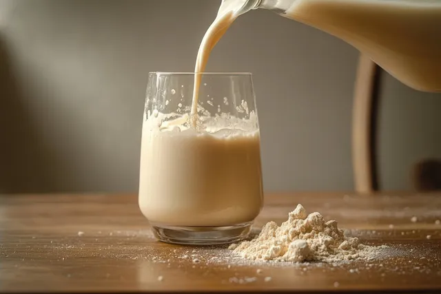 Creamy beige drink being poured into a glass beside a mound of powder on wood