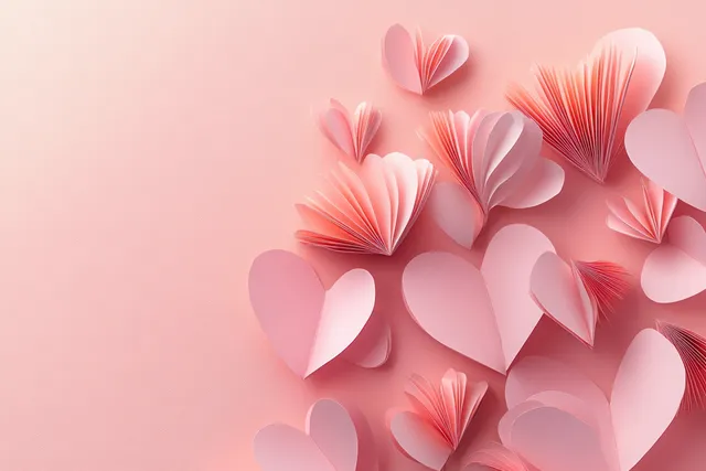 Pink paper hearts scattered on pastel background with soft shadows and blank copy area