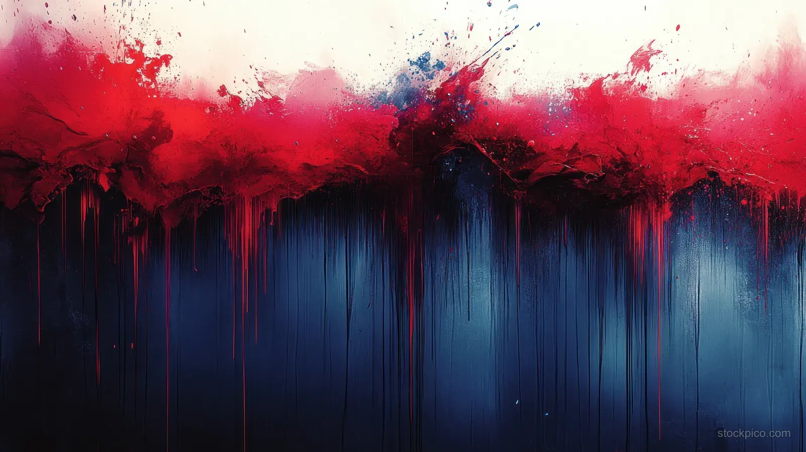 Red spray-painted graffiti forms a dripping canopy over a dark blue textured wall background.