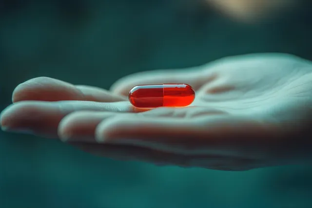 A hand holds a single red transparent capsule pill against a softly blurred teal background.