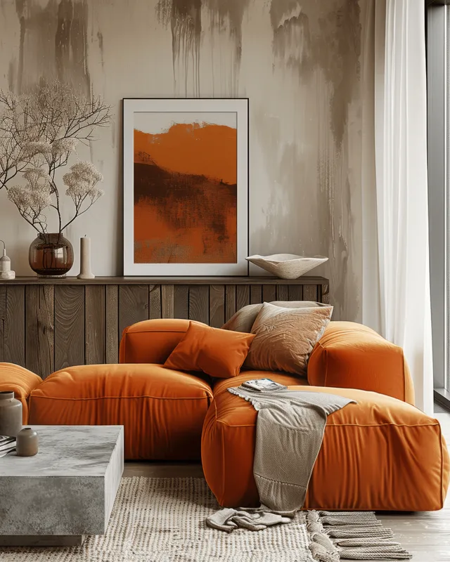 Orange sofa sits in a minimalist living room beside a concrete coffee table and framed desert artwork on beige walls.