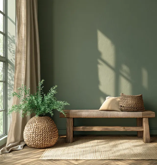 Wooden bench beside a woven plant pot in a sunlit olive room with curtain shadows on a herringbone floor.