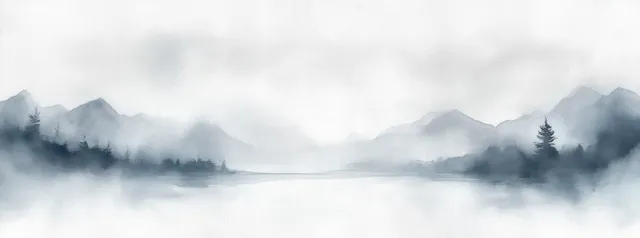 Misty mountains and pine trees surround a calm lake with soft fog reflections at dawn.