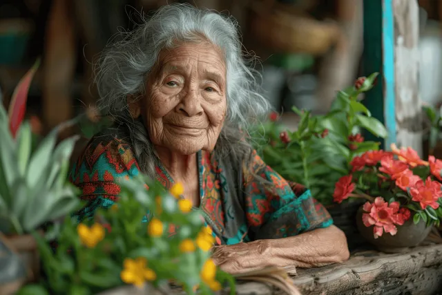 Smiling elderly Amazonian woman resting in a home garden bed with native flowering plants