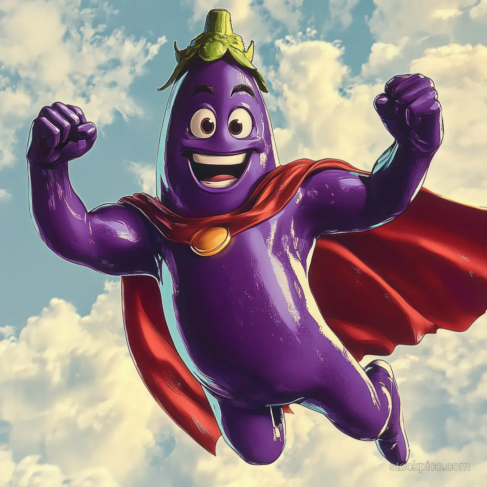 Smiling purple eggplant superhero flying with a red cape against a blue sky and fluffy clouds.