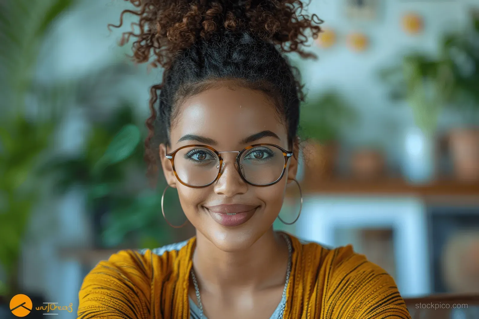 Smiling woman with glasses sits at a desk typing on a laptop with blurred office plants in the background.