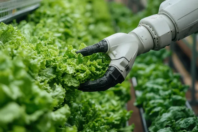 A robotic gripper harvests leafy lettuce inside a greenhouse among dense green rows.