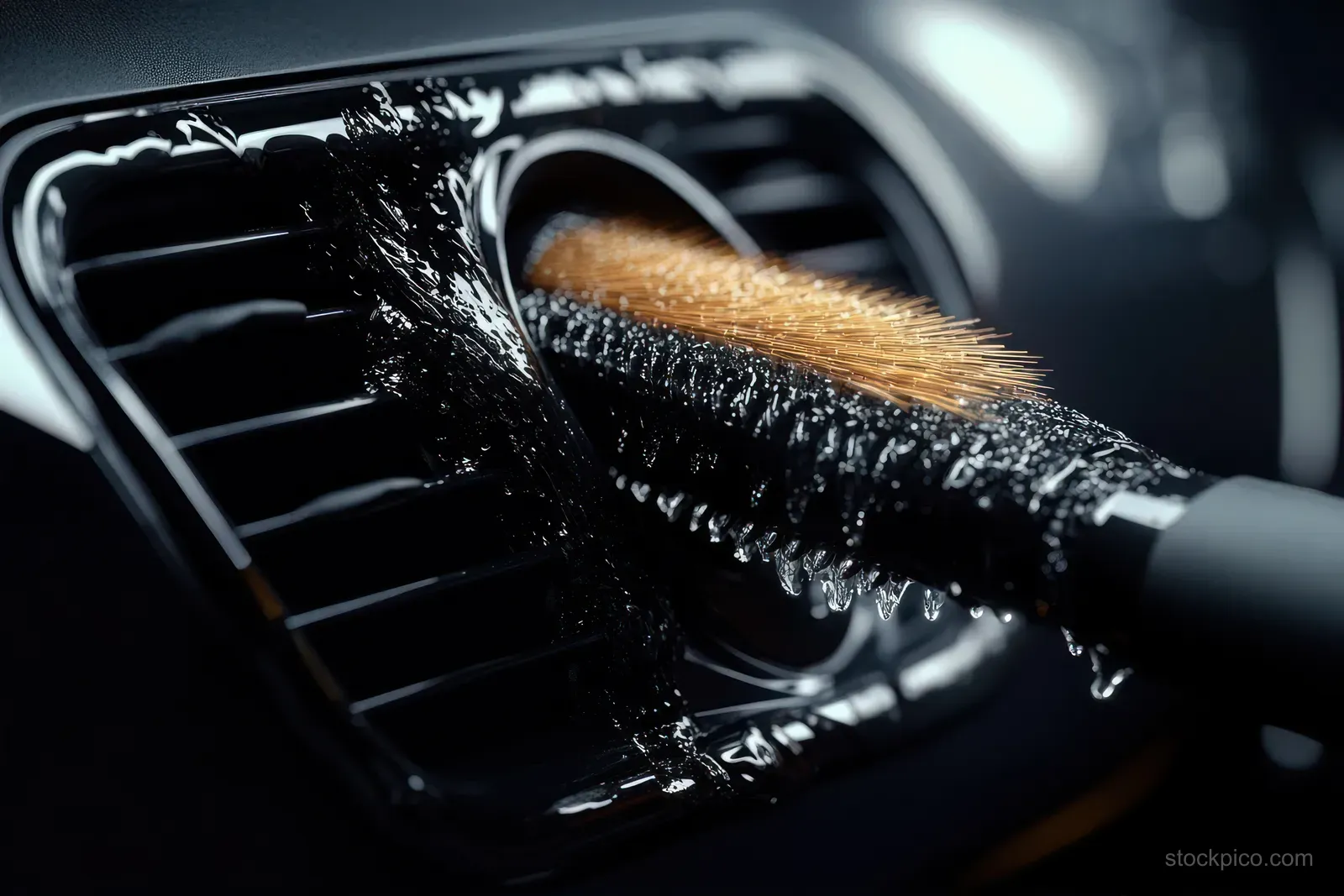 Wet round hairbrush scrubbing a glossy black car air vent with water droplets visible on the grille.