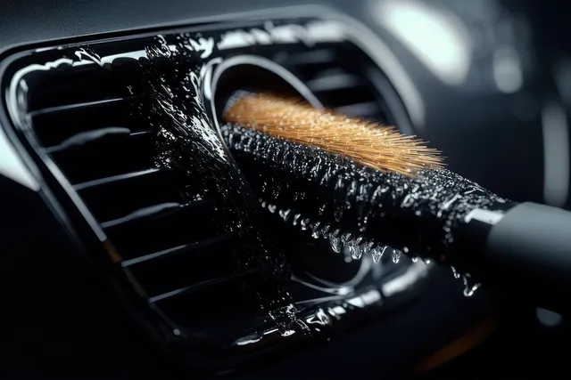 Wet round hairbrush scrubbing a glossy black car air vent with water droplets visible on the grille.