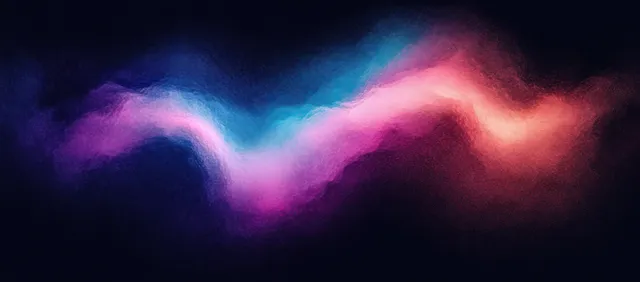 Swirling blue and pink luminous mist wave stretches across a dark background with soft glow.