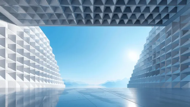 Cube-like buildings with geometric facades frame a concrete walkway leading to a blue sky.