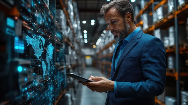 A man in a blue suit checks a tablet in a high-tech warehouse aisle with glowing digital logistics graphics.