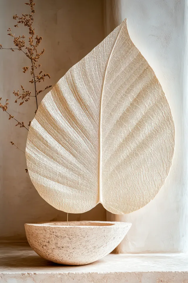 Minimalist leaf still life on textured tabletop with soft Scandinavian light