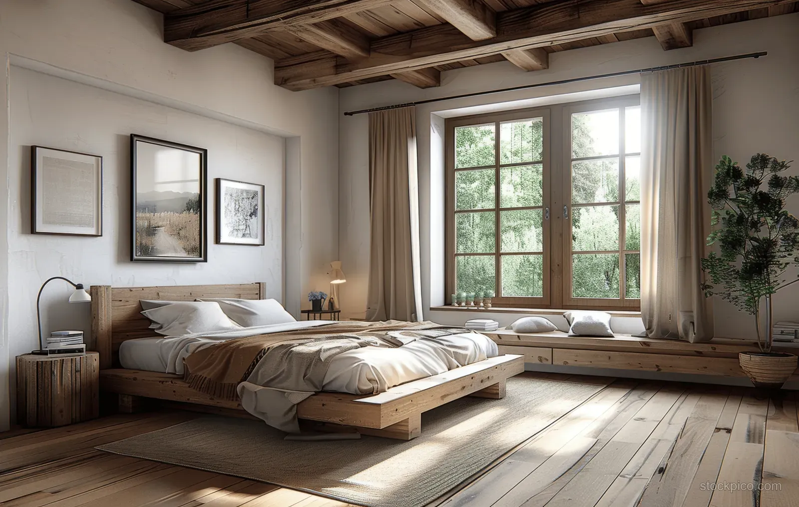 A low wooden bed sits in a rustic bedroom with white walls, exposed beams, and a large window.